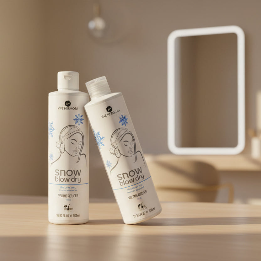 Two bottles of 'Snow Blow Dry' hair product by Vive Hermosa on a leafy ground.